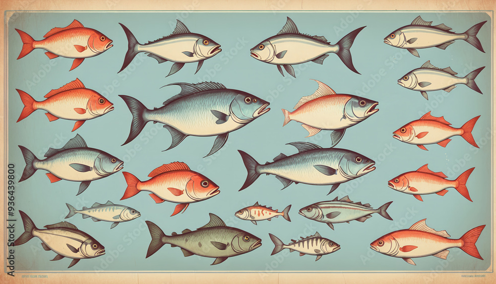 Illustrative and colorful depiction of fishes of different kind in color and shape in a drawn appearing style Illustrative and colorful depiction of fishes of different kind in color and shape in a drawn appearing style