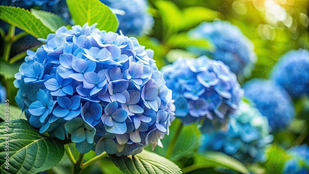 Delicate pale blue hydrangea flowers bloom against a lush green foliage backdrop, creating a serene and tranquil atmosphere in a natural outdoor setting. Delicate pale blue hydrangea flowers bloom against a lush green foliage backdrop, creating a serene and tranquil atmosphere in a natural outdoor setting.