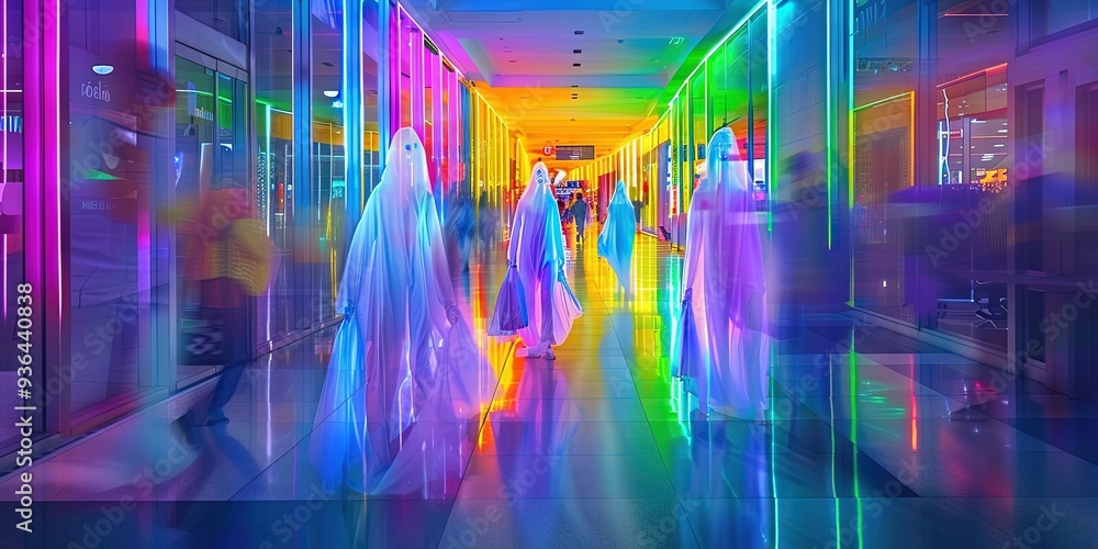 Fototapeta premium bioluminescent ghosts at the shopping mall, the ghosts are carrying shopping bags