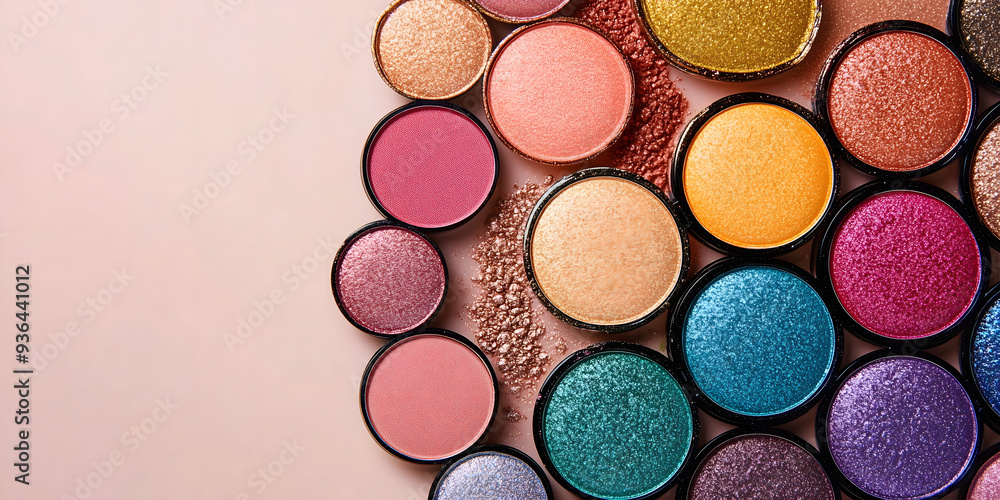 Vibrant eyeshadow palette showcase array rich pigmented colors isolated pale beige background Vibrant eyeshadow palette showcase array rich pigmented colors isolated pale beige background
