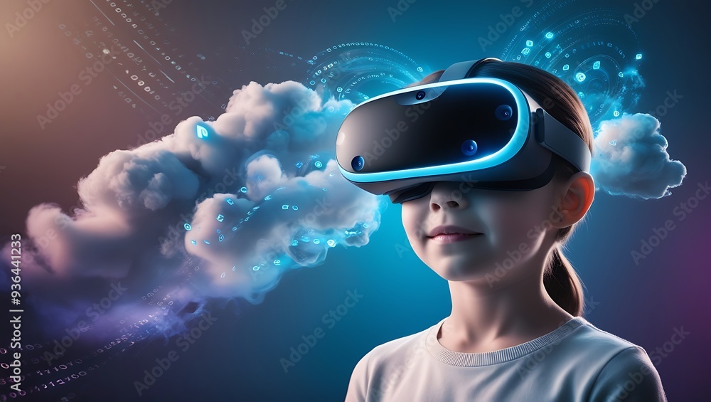 A Girl using a headset and VR box, modern high technology background A Girl using a headset and VR box, modern high technology background