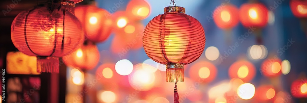 chinese moon festival concept with red lanterns lit chinese moon festival concept with red lanterns lit