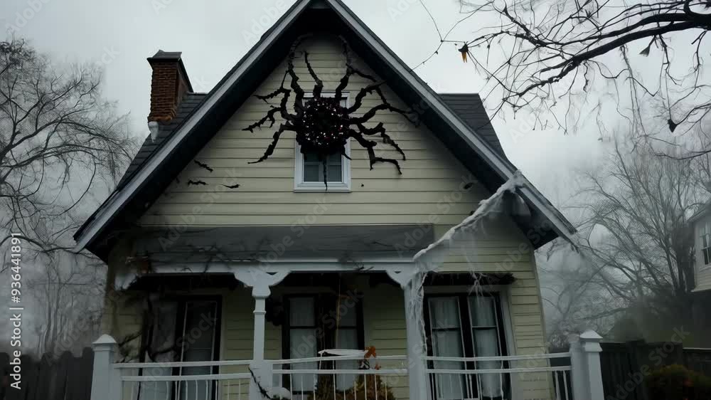 Camera is slowly moving towards a spooky haunted house decorated for halloween Camera is slowly moving towards a spooky haunted house decorated for halloween