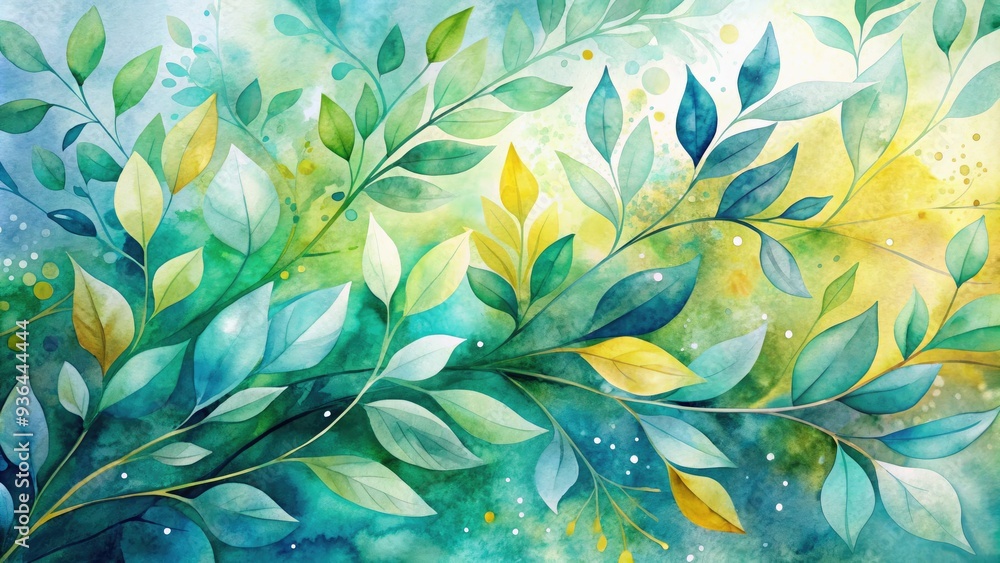 Delicate watercolor leaves in shades of green, blue, and yellow swirl together in an abstract, dreamy botanical illustration with soft, blended edges. Delicate watercolor leaves in shades of green, blue, and yellow swirl together in an abstract, dreamy botanical illustration with soft, blended edges.