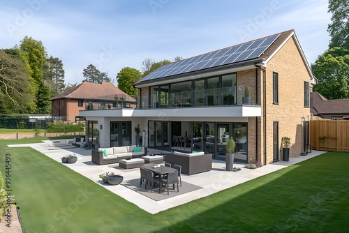 A modern eco-friendly house with a solar panel system on the roof, sustainability and biodiversity