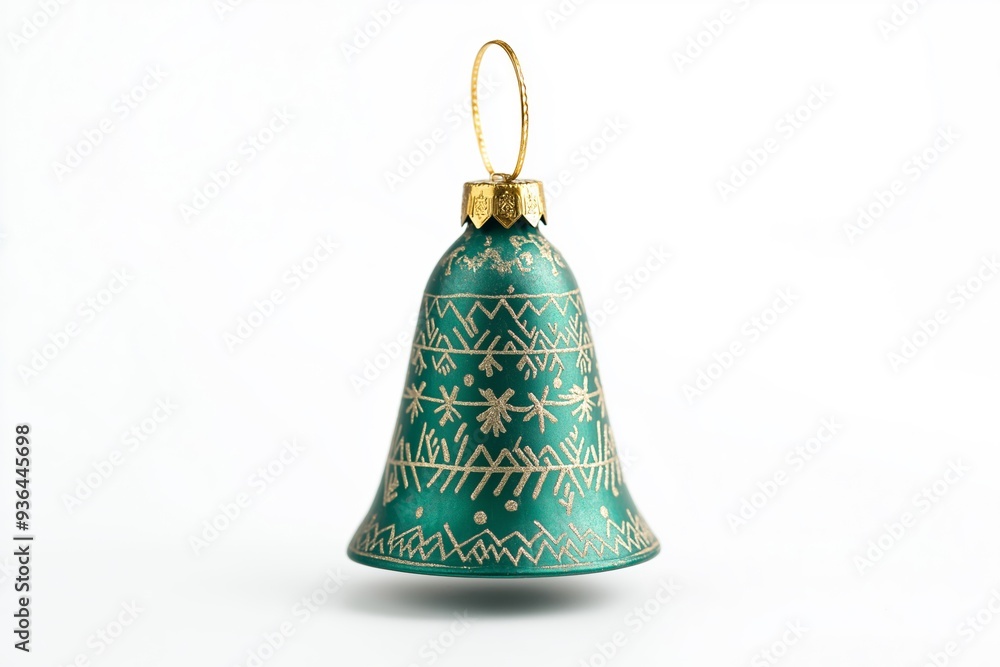 Handcrafted Christmas bell ornament with green and gold design, eco-friendly and sustainable holiday decor, traditional and elegant, perfect for festive celebrations, white background, selective focus Handcrafted Christmas bell ornament with green and gold design, eco-friendly and sustainable holiday decor, traditional and elegant, perfect for festive celebrations, white background, selective focus