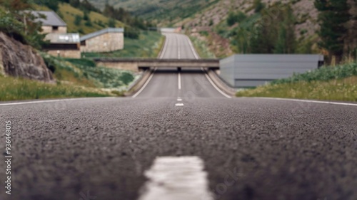 Asphalt road texture closeup low angle perspective view. Outdoor countryside nature freeway surface, nobody on highwaytransport street. Stone, urban, gray, travel route, structure material photo