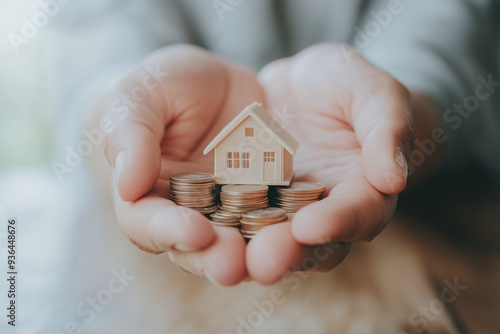 Hands on home, money. Home loan, family life insurance, financial home mortgage and inheritance investment planning concept with children. Template, poster, wallpaper  for selling real estate service. photo