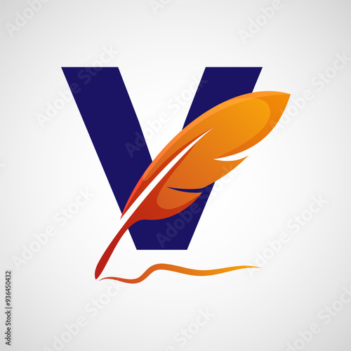 English alphabet V with feather logo design template. Logo for a writer or publishers.