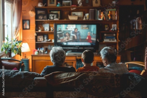 Stunning high resolution photos of a friendly family relaxing on the couch in front of the TV at home. Family