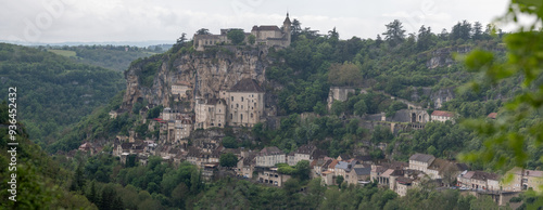 Rocamadour medieval village located on pilgrims route in Lot department in southwestern France, attracted visitors for its setting in gorge above tributary of River Dordogne, panoramic view