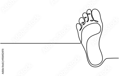 Continuous one line art drawing of bare foot in simple style and outline vector art illustration, Barefoot drawn in one continuous line. Female footprint in a simple linear style. Foot massage
