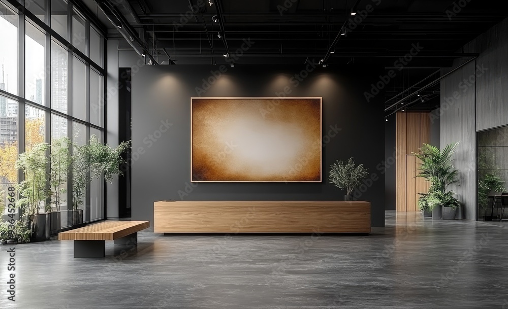 Modern Lobby with Wooden Bench and Abstract Painting Modern Lobby with Wooden Bench and Abstract Painting