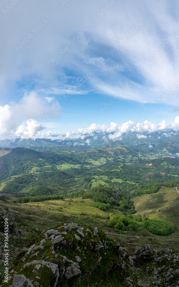 Naklejka premium Travelling by old wooden train up to Larrun or La Rhune, Larhune mountain at the western end of the Pyrenees located on border of France and Spain, in traditional Basque provinces Labourd and Navarra