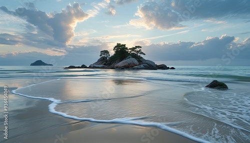 Peaceful beaches, soft waves and lonely rocky islands, clouds floating in the sky. photo