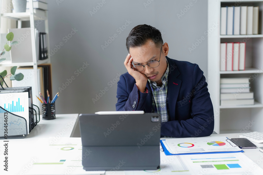 Young asian businessman is feeling stressed and tired while working with a digital tablet, surrounded by paperwork in his office Young asian businessman is feeling stressed and tired while working with a digital tablet, surrounded by paperwork in his office