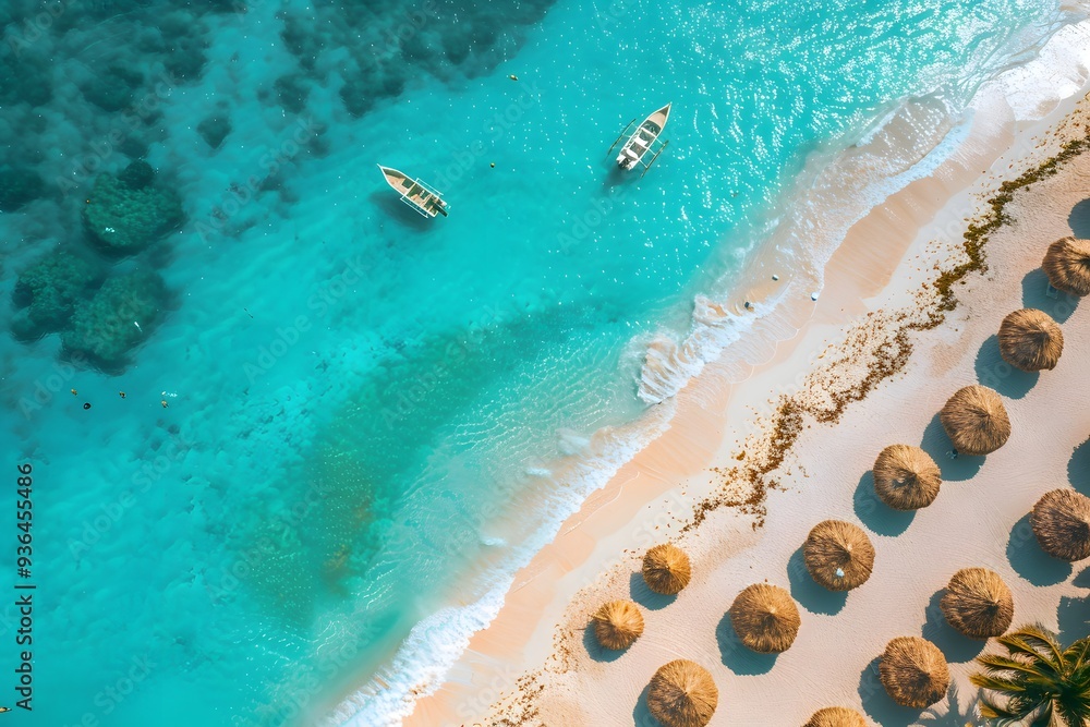 Serene Aerial View of a Tropical Beach with Boats and Thatched Umbrellas Serene Aerial View of a Tropical Beach with Boats and Thatched Umbrellas