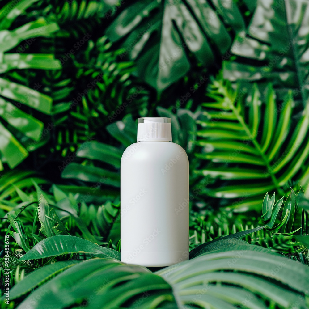 Against a backdrop of lush greenery, a small white bottle of shampoo is featured in a modern minimalist design. Against a backdrop of lush greenery, a small white bottle of shampoo is featured in a modern minimalist design.