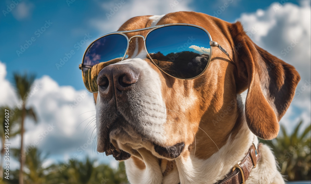 A dog wearing sunglasses looks off to the side with a serious expression on its face A dog wearing sunglasses looks off to the side with a serious expression on its face