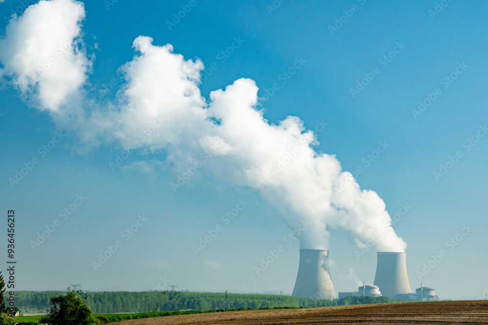 View on cooling towers of nuclear power plant thermal power station in which heat source is nuclear reactor, France, Europe View on cooling towers of nuclear power plant thermal power station in which heat source is nuclear reactor, France, Europe