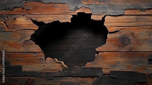 Fototapeta Naklejka Na Ścianę i Meble -  Large break center cracked hole on broken old wooden board background, 3d break though frame border for logo symbol display in grungy style.