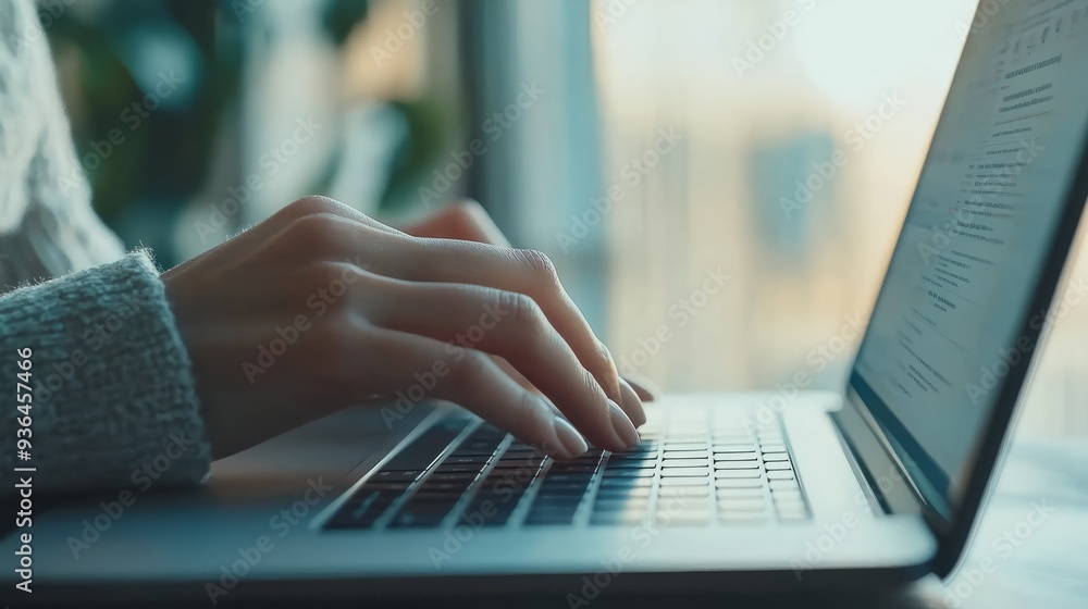 Focused on the Task: A close-up of a woman's hands typing on a laptop keyboard, showcasing dedication and concentration in a modern workplace setting. Focused on the Task: A close-up of a woman's hands typing on a laptop keyboard, showcasing dedication and concentration in a modern workplace setting.