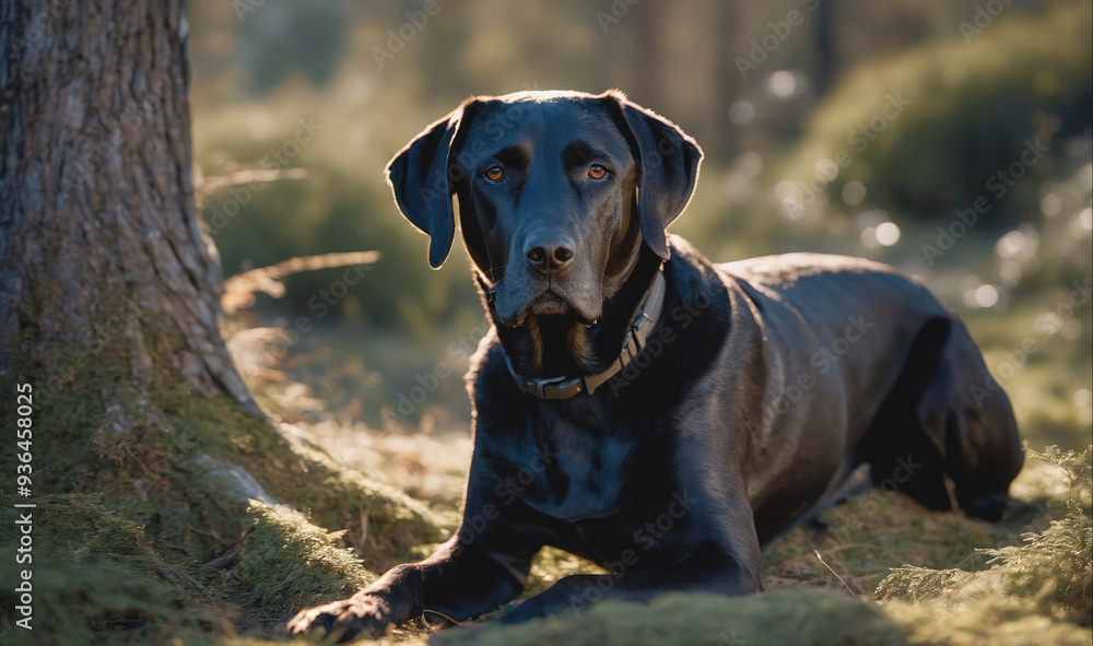 A black Labrador retriever lies in the grass near a tree trunk A black Labrador retriever lies in the grass near a tree trunk