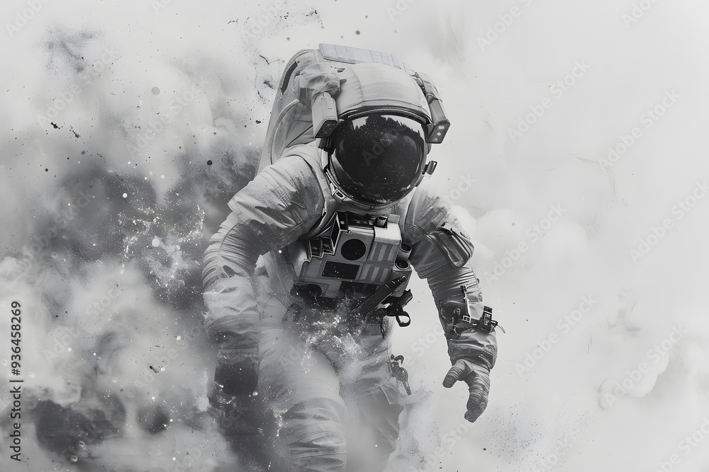 Obraz premium Astronaut Emerging from Cosmic Chaos in a Stunning Monochrome Scene