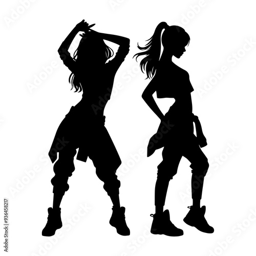 Vector illustration. Two girls girlfriends hip-hop dancers. Black silhouette on a white background.