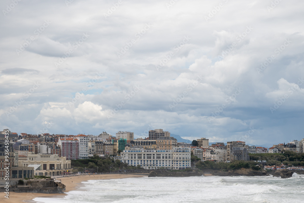 Fototapeta premium Panoramic view on cliffs, houses, sandy beaches of touristic Biarritz city, Basque Country, Bay of Biscay of Atlantic ocean, France