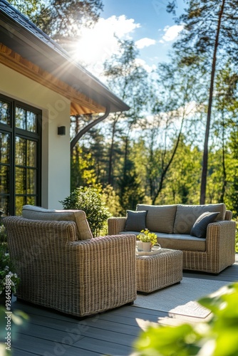 Cozy outdoor seating area with rattan furniture surrounded by trees on a sunn...