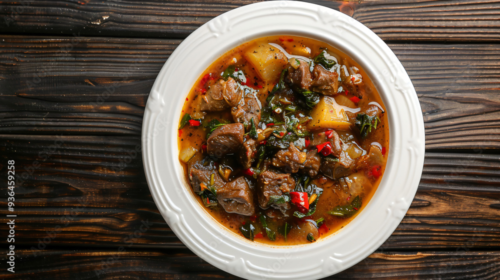 Brimming white bowl of hearty beef stew with tender meat, potatoes, and herbs, all in a rich and flavorful gravy Brimming white bowl of hearty beef stew with tender meat, potatoes, and herbs, all in a rich and flavorful gravy