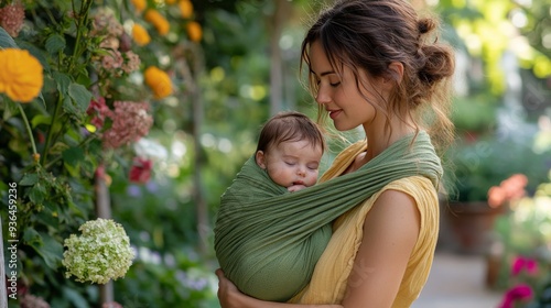 Mother cradling sleeping baby in a light turquoise setting