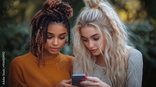 Two young women sharing a moment while looking at a smartphone in a lush, out...