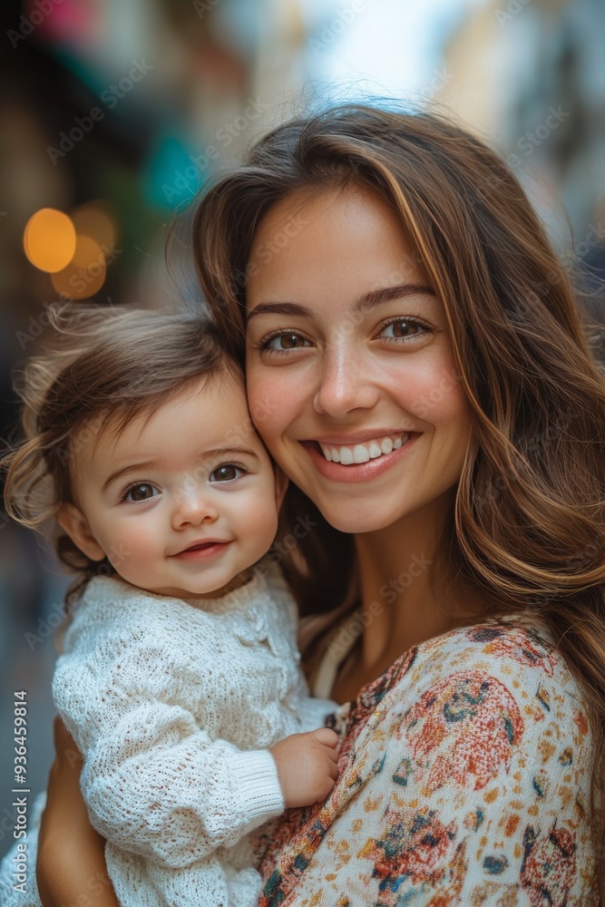 Smiling woman holds a toddler in a colorful village street during daytime Smiling woman holds a toddler in a colorful village street during daytime