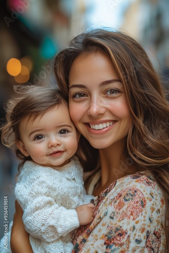 Smiling woman holds a toddler in a colorful village street during daytime