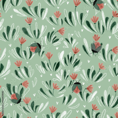 Seamless pattern with ladybug, flowers and leaves. An insect crawls among flowering plants.