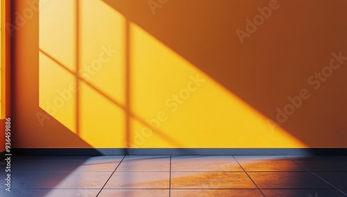 Bright orange wall with shadows and minimalistic step in modern interior