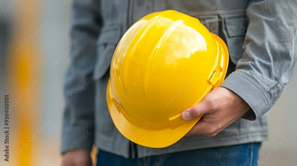 Construction worker holding a yellow hard hat, symbolizing safety and preparedness at a construction site Construction worker holding a yellow hard hat, symbolizing safety and preparedness at a construction site