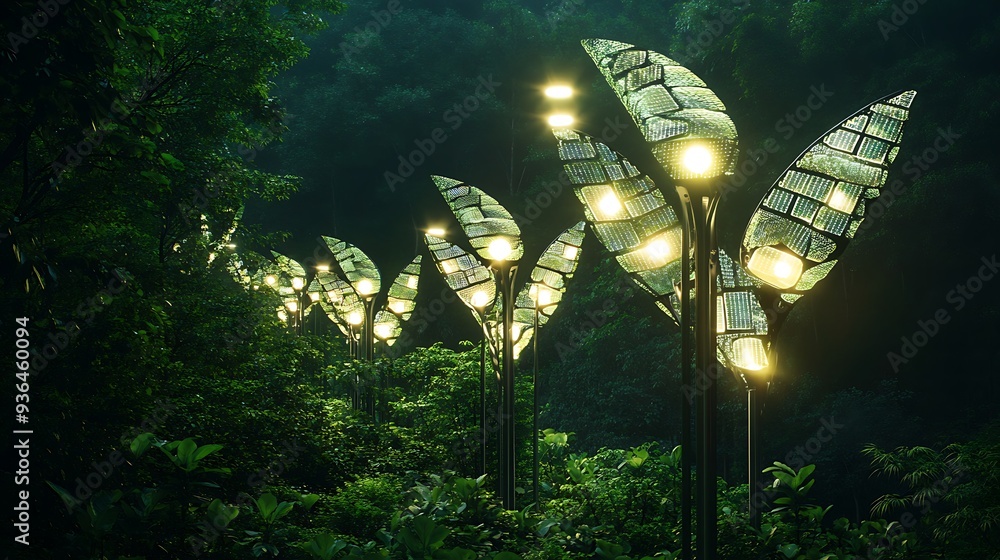 Fototapeta premium Illuminated Leaf-Shaped Streetlights in a Lush Forest at Night