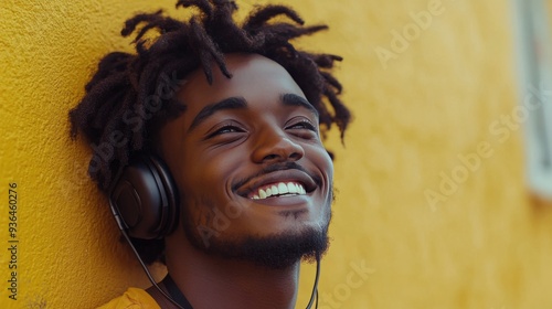 Young man enjoying autumn outdoors while listening to music with headphones