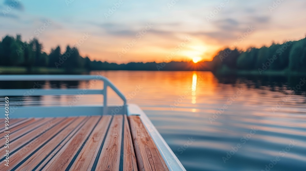Sunset cruise on a pontoon boat, highlighting the warm hues of the sky and the calm reflection on the water, ideal for serene moments Sunset cruise on a pontoon boat, highlighting the warm hues of the sky and the calm reflection on the water, ideal for serene moments