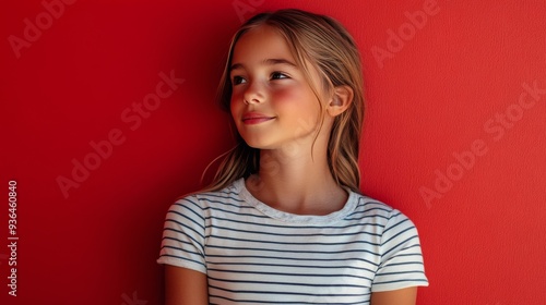 Young girl with long hair stands against a vibrant red wall during daylight