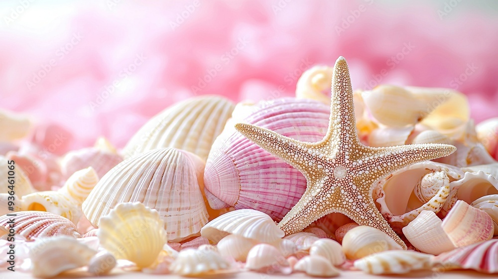 A starfish resting on a mound of seashells above a layer of pink sand A starfish resting on a mound of seashells above a layer of pink sand