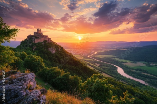 A majestic sunset illuminates a hilltop castle above a serene river. Natures beauty entwines with history. Perfect for travel and landscape themes. Generative AI