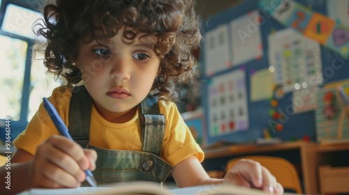 The child writing in classroom photo