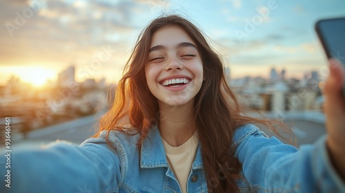 Young woman smiling while taking a selfie at sunset on a rooftop in an urban ...