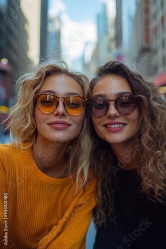 Two friends in sunglasses enjoying a sunny day on a city street