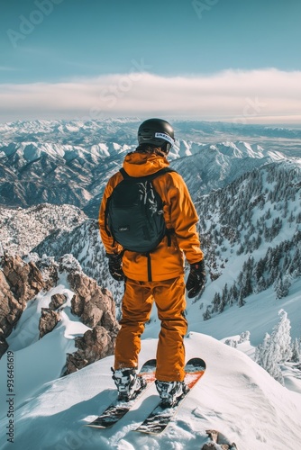 Skier in orange gear overlooking snowy mountains on a bright winter day