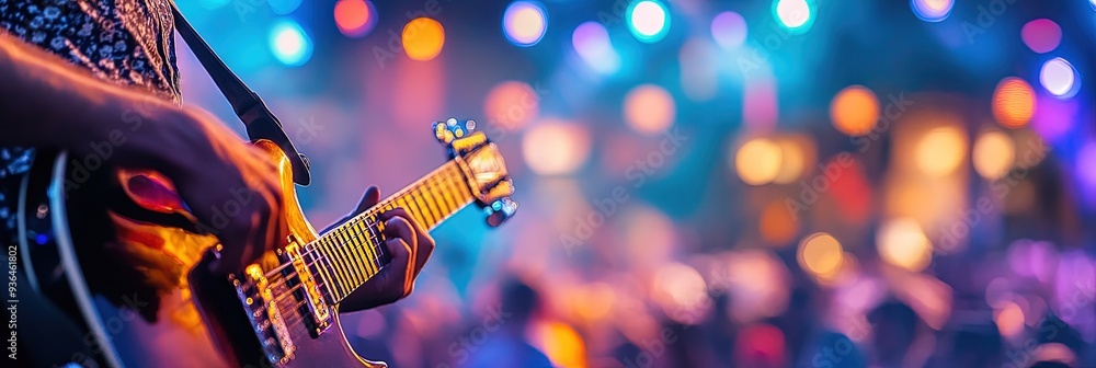 Obraz premium country music festival concept with cowboy playing western music on guitar